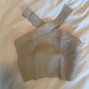 Babaton Taupe Ribbed Cross-Back Crop Top